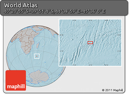 Gray Location Map of the Area around 40° 6' 0" S, 45° 7' 30" E, hill shading