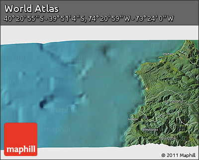 Satellite 3D Map of the Area around 40° 6' 0" S, 73° 52' 30" W