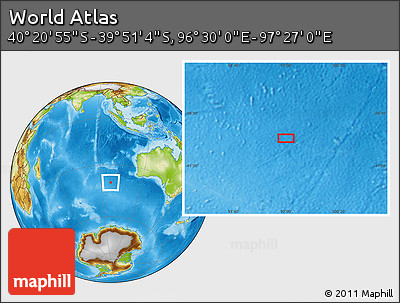 Physical Location Map of the Area around 40° 6' 0" S, 96° 58' 29" E