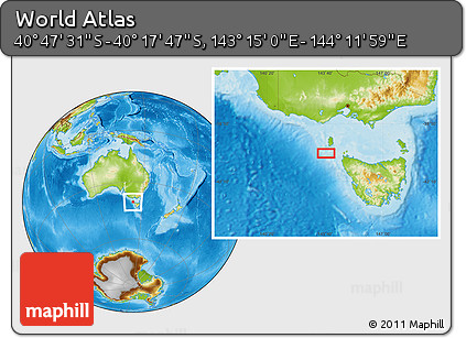 Physical Location Map of the Area around 40° 32' 39" S, 143° 43' 29" E
