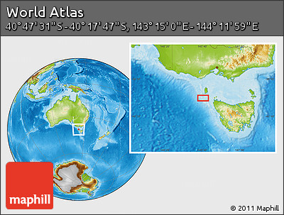 Physical Location Map of the Area around 40° 32' 39" S, 143° 43' 29" E