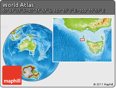 Physical Location Map of the Area around 40° 32' 39" S, 143° 43' 29" E