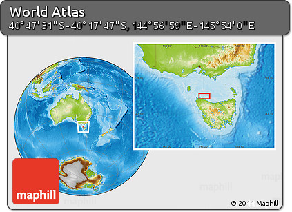 Physical Location Map of the Area around 40° 32' 39" S, 145° 25' 30" E