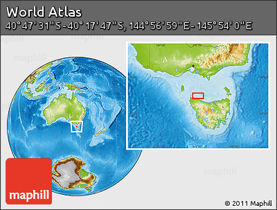 Physical Location Map of the Area around 40° 32' 39" S, 145° 25' 30" E