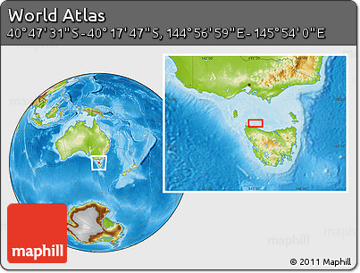 Physical Location Map of the Area around 40° 32' 39" S, 145° 25' 30" E