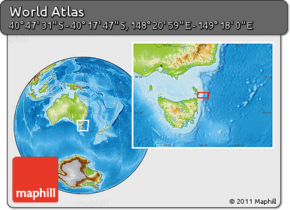 Physical Location Map of the Area around 40° 32' 39" S, 148° 49' 29" E