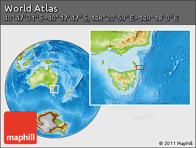 Physical Location Map of the Area around 40° 32' 39" S, 148° 49' 29" E