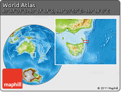 Physical Location Map of the Area around 40° 32' 39" S, 148° 49' 29" E