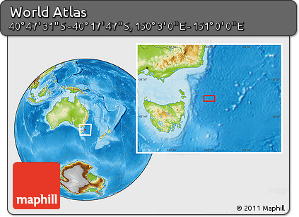 Physical Location Map of the Area around 40° 32' 39" S, 150° 31' 30" E