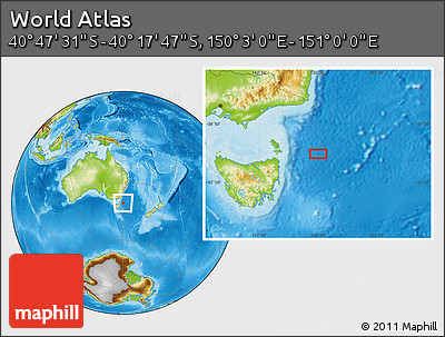 Physical Location Map of the Area around 40° 32' 39" S, 150° 31' 30" E
