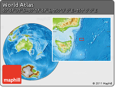 Physical Location Map of the Area around 40° 32' 39" S, 150° 31' 30" E