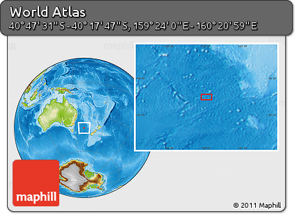 Physical Location Map of the Area around 40° 32' 39" S, 159° 52' 30" E
