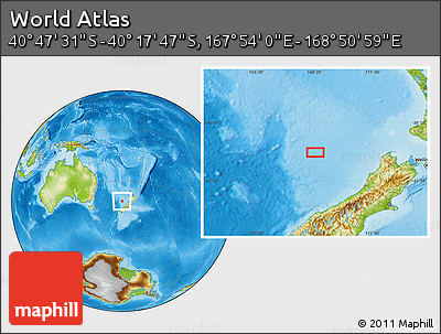 Physical Location Map of the Area around 40° 32' 39" S, 168° 22' 30" E