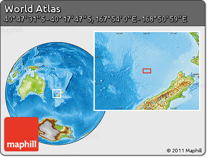Physical Location Map of the Area around 40° 32' 39" S, 168° 22' 30" E