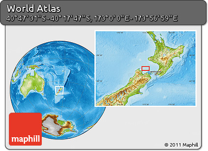 Physical Location Map of the Area around 40° 32' 39" S, 173° 28' 29" E