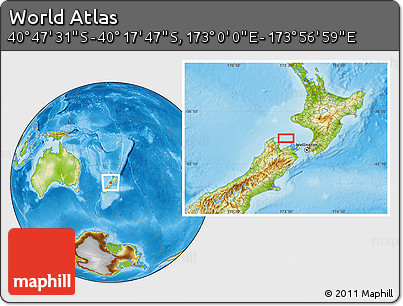 Physical Location Map of the Area around 40° 32' 39" S, 173° 28' 29" E