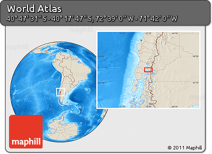 Shaded Relief Location Map of the Area around 40° 32' 39" S, 72° 10' 30" W