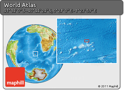 Physical Location Map of the Area around 40° 59' 12" S, 0° 55' 29" E