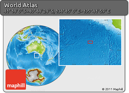 Physical Location Map of the Area around 40° 59' 12" S, 135° 13' 29" E