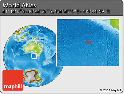 Physical Location Map of the Area around 40° 59' 12" S, 135° 13' 29" E