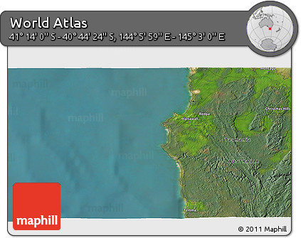 Satellite 3D Map of the Area around 40° 59' 12" S, 144° 34' 29" E
