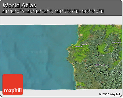 Satellite 3D Map of the Area around 40° 59' 12" S, 144° 34' 29" E