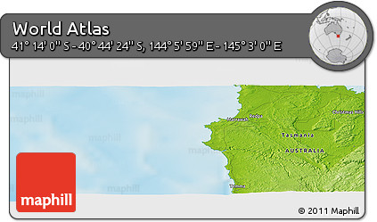 Physical Panoramic Map of the Area around 40° 59' 12" S, 144° 34' 29" E