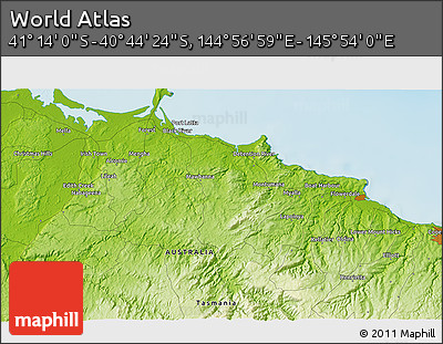 Physical 3D Map of the Area around 40° 59' 12" S, 145° 25' 30" E