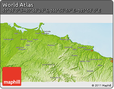 Physical 3D Map of the Area around 40° 59' 12" S, 145° 25' 30" E