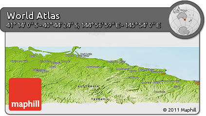 Physical Panoramic Map of the Area around 40° 59' 12" S, 145° 25' 30" E