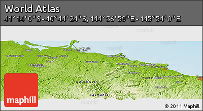 Physical Panoramic Map of the Area around 40° 59' 12" S, 145° 25' 30" E