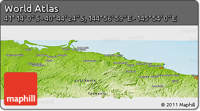 Physical Panoramic Map of the Area around 40° 59' 12" S, 145° 25' 30" E