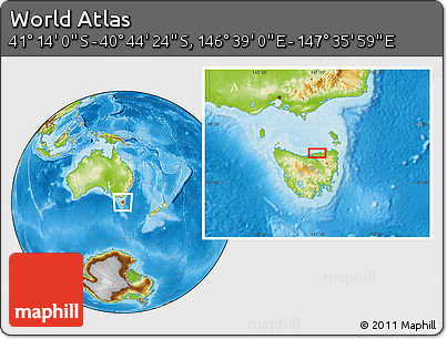 Physical Location Map of the Area around 40° 59' 12" S, 147° 7' 30" E