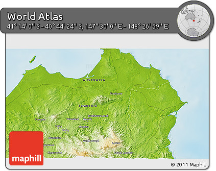 Physical 3D Map of the Area around 40° 59' 12" S, 147° 58' 29" E