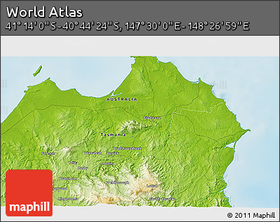 Physical 3D Map of the Area around 40° 59' 12" S, 147° 58' 29" E