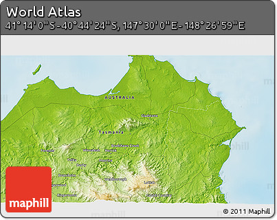 Physical 3D Map of the Area around 40° 59' 12" S, 147° 58' 29" E