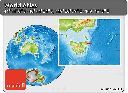 Physical Location Map of the Area around 40° 59' 12" S, 148° 49' 29" E