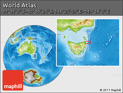 Physical Location Map of the Area around 40° 59' 12" S, 148° 49' 29" E