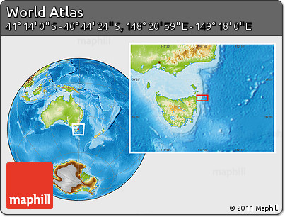 Physical Location Map of the Area around 40° 59' 12" S, 148° 49' 29" E