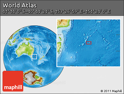 Physical Location Map of the Area around 40° 59' 12" S, 153° 55' 30" E