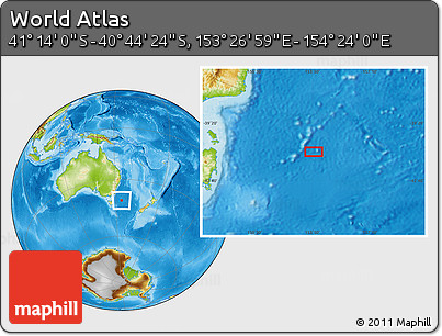Physical Location Map of the Area around 40° 59' 12" S, 153° 55' 30" E