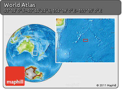 Physical Location Map of the Area around 40° 59' 12" S, 154° 46' 30" E