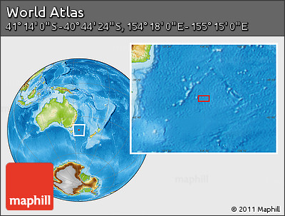 Physical Location Map of the Area around 40° 59' 12" S, 154° 46' 30" E
