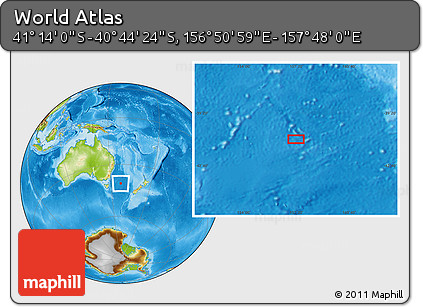 Physical Location Map of the Area around 40° 59' 12" S, 157° 19' 29" E