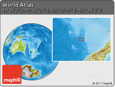 Physical Location Map of the Area around 40° 59' 12" S, 165° 49' 29" E