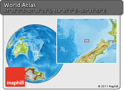 Physical Location Map of the Area around 40° 59' 12" S, 169° 13' 29" E