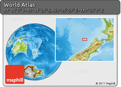 Physical Location Map of the Area around 40° 59' 12" S, 170° 4' 29" E