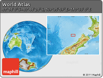 Physical Location Map of the Area around 40° 59' 12" S, 170° 4' 29" E