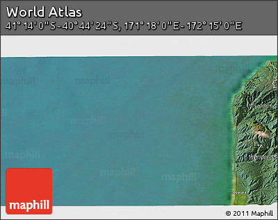 Satellite 3D Map of the Area around 40° 59' 12" S, 171° 46' 30" E