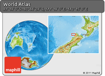 Physical Location Map of the Area around 40° 59' 12" S, 171° 46' 30" E